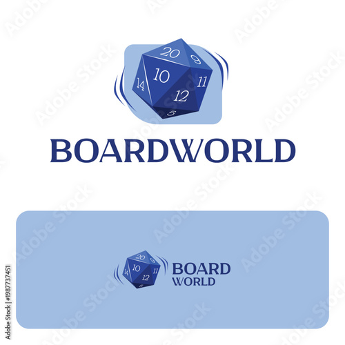 Board World, Modern Blue Board Game Logo with D20 Dice Icon.