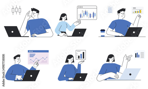 Billede på lærred Set of business analytics and stock market trading concept vector illustrations with people working on laptop, candlestick chart, bar graph, line graph, and data presentation
