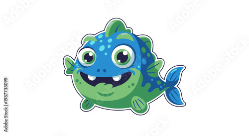 Smiling Cartoon Blue Green Fish Creature.