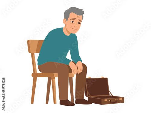Depressed senior man sitting with suitcase expressing loneliness and uncertainty