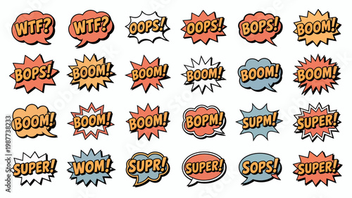 A colorful collection of comic book style speech bubbles displaying various exclamations like wtf oops boom and super high quality professional detailed modern elegant stylish clean