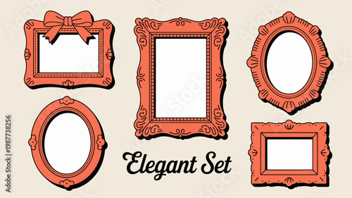 An elegant set of ornate reddish orange frames in various shapes are displayed against a pale beige background offering versatile design options high quality professional detailed