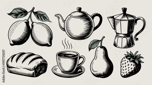 A vintage style illustration showcases a collection of breakfast items including fruits a teapot coffee bread and a strawberry high quality professional detailed modern elegant stylish