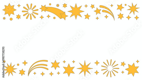 A vibrant arrangement of golden stars and shooting stars creates a festive border across a clean white background high quality professional detailed modern elegant stylish crisp