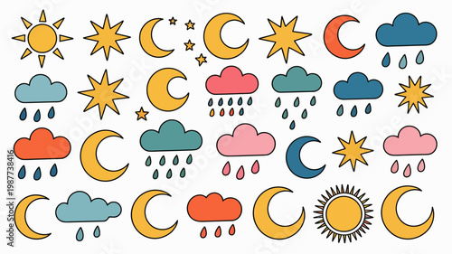 A colorful hand drawn illustration depicts various weather elements including suns moons clouds and raindrops arranged in a playful pattern high quality professional detailed modern elegant