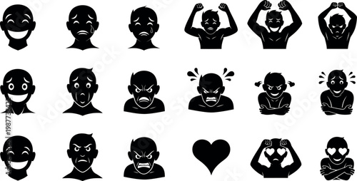 A collection of black silhouette emoticon faces