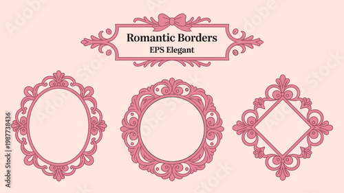 A collection of ornate pink vector frames and a decorative banner reading romantic borders eps elegant are displayed high quality professional detailed modern stylish clean crisp