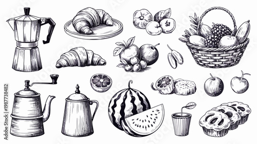 An elegant hand drawn illustration showcases a breakfast assortment featuring coffee pots croissants various fruits and a woven basket of produce high quality professional detailed modern