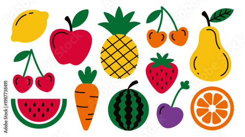 A colorful assortment of fruits and vegetables are displayed including lemons apples cherries and a vibrant watermelon slice high quality professional detailed modern elegant stylish clean