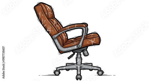 Brown leather office chair with scratches, isolated on white background