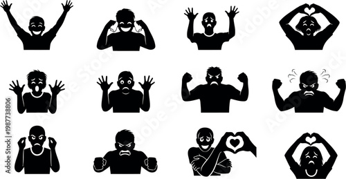 A set of black silhouette emoticon characters