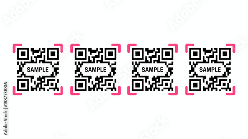 A series of four square qr codes are displayed against a plain white background each framed by a pink square border high quality professional detailed modern