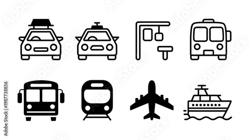 A collection of black and white linear icons depicting various modes of transportation including cars buses trains and airplanes high quality professional detailed modern elegant stylish