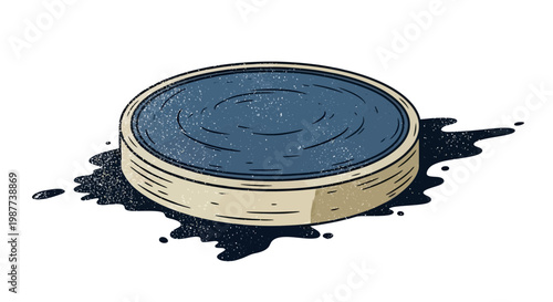 Inkwell spilled, dark liquid spreading on white background