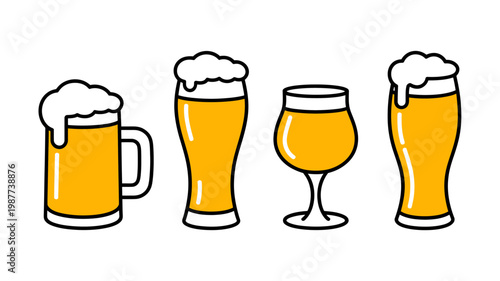 A colorful illustration depicts four different glasses filled with a golden colored beverage likely beer or ale in a linear style high quality professional detailed modern