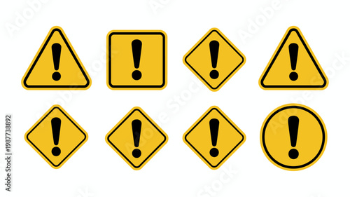 A collection of yellow warning signs with black exclamation points varying in shape and orientation are displayed on a white background high quality professional detailed modern
