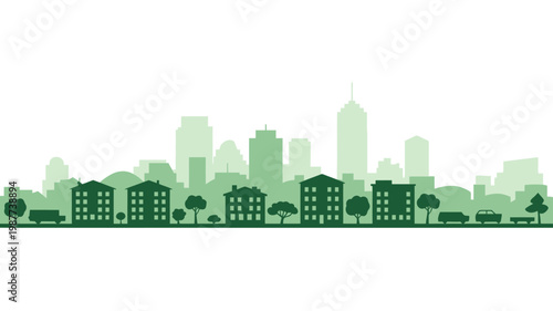 A stylized monochromatic green cityscape silhouette depicts a dense urban skyline with buildings trees and vehicles high quality professional detailed modern elegant stylish clean crisp vibrant