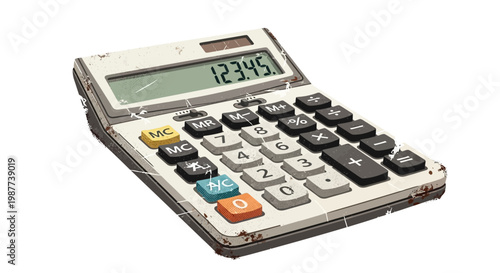 Retro calculator with worn keys and cracked screen, displaying numbers