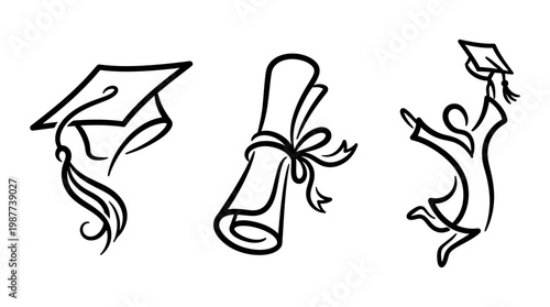 Graduation Symbols Cap Diploma and Jumping Graduate