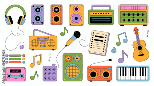 A colorful collection of musical instruments and equipment is displayed on a white background including headphones speakers and a guitar high quality professional detailed modern elegant