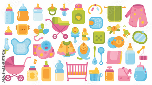 A colorful collection of baby items is displayed including bottles pacifiers clothing toys and accessories for childcare high quality professional detailed modern elegant stylish clean crisp