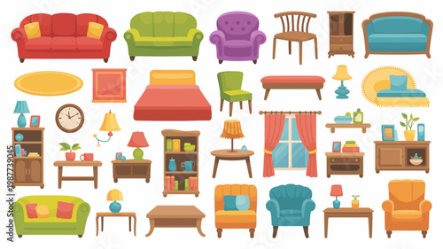 A colorful collection of various furniture items including sofas chairs tables beds and decorative elements arranged in a flat lay style high quality professional detailed modern