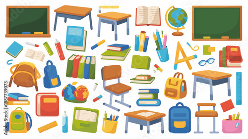 A colorful assortment of school supplies and furniture including books backpacks desks chairs and a globe are displayed high quality professional detailed modern elegant stylish clean