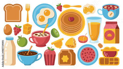 A colorful flat lay illustration showcases a variety of breakfast foods including eggs pancakes toast fruit and beverages arranged neatly high quality professional detailed modern elegant