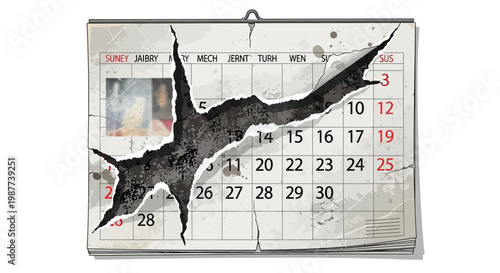 Torn calendar with hole revealing dark texture, symbolizing time passing or lost moments