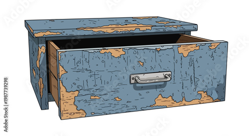 Vintage blue wooden drawer with peeling paint, open, isolated on white