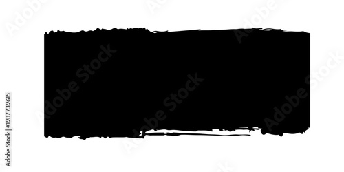 bold black style paint brush stroke with rough, textured edges and visible bristle marks. The stroke features a dense, opaque center that gradually fades into dry brush streaks toward the ends.