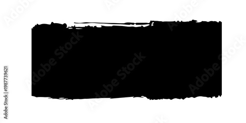 bold black style paint brush stroke with rough, textured edges and visible bristle marks. The stroke features a dense, opaque center that gradually fades into dry brush streaks toward the ends.