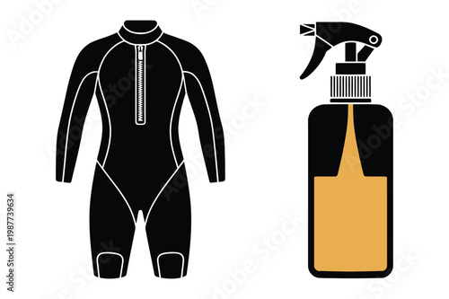 Black wetsuit and spray bottle with clothing silhouette illustration neoprene