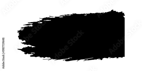 bold black vector paint brush stroke with rough, textured edges and visible bristle marks. The stroke features a dense, opaque center that gradually fades into dry brush streaks toward the ends.