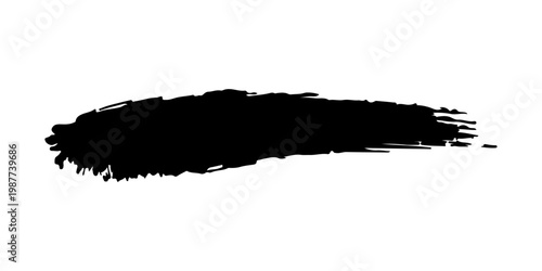 bold black vector paint brush stroke with rough, textured edges and visible bristle marks. The stroke features a dense, opaque center that gradually fades into dry brush streaks toward the ends.