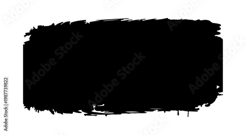 bold black vector paint brush stroke with rough, textured edges and visible bristle marks. The stroke features a dense, opaque center that gradually fades into dry brush streaks toward the ends.