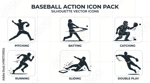 Set of vector silhouettes showing people in base ball action including sports fitness business and family moments