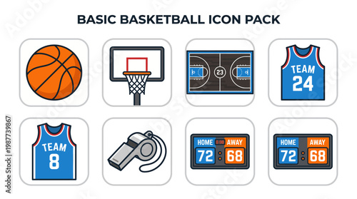 Basketball icon set illustration featuring vector sports symbols such as ball hoop net and game interface icons for web design and team sport applications