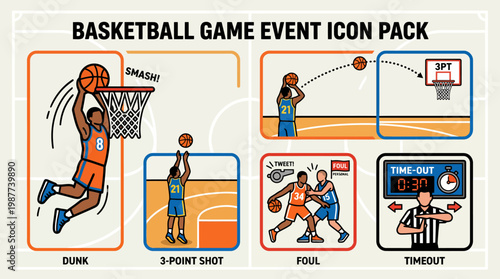 Vintage cartoon vector illustration set of retro postage stamp icons featuring people in action and business icons or basket ball competition