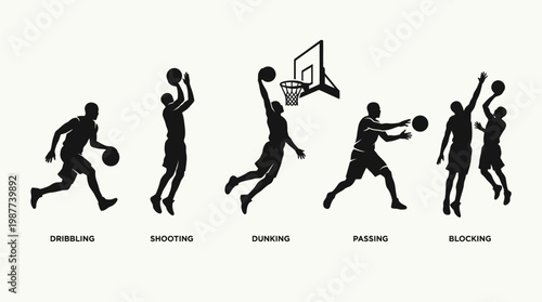 Sports silhouettes set with basketball players in action poses running jumping and kicking a ball in a team competition vector illustration