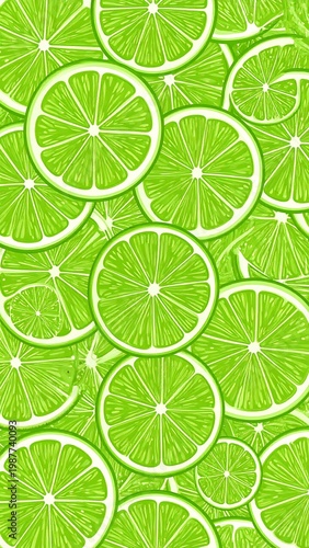 A vibrant, close-up pattern featuring numerous, overlapping green citrus fruit slices. They have white rinds and textured centers, creating a fresh design