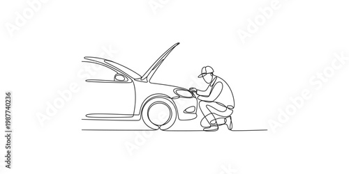 A mechanic kneeling next to a car with the hood up for repair or maintenance work isolated on white background