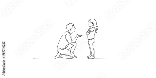 Continuous line drawing of a man kneeling and talking to a girl standing with her arms crossed