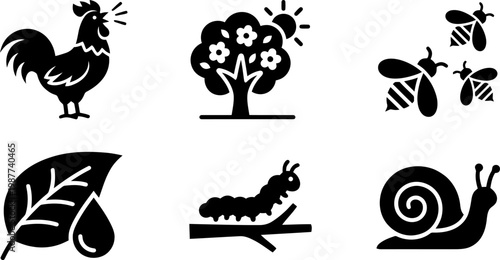 Nature Awakening Icons Solid Filled Icon Set Of Nature Waking Up Rooster Blooming Tree Bees