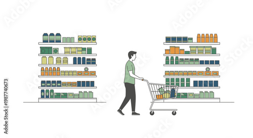 Man pushing shopping cart in store.