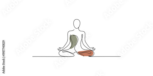 Continuous line drawing of a person meditating in a yoga pose isolated on white background for mindfulness and relaxation concepts