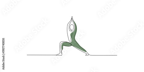 A woman in a green outfit doing a yoga pose on a white background