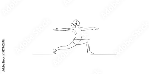 Continuous line drawing of a woman in warrior yoga pose isolated on white background