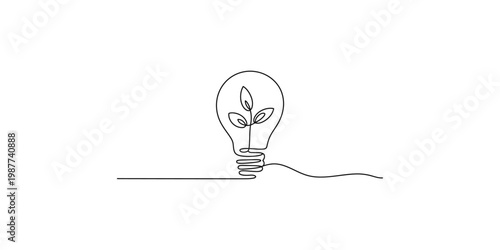 A minimalist line drawing of a light bulb with a plant growing inside, symbolizing ecofriendly ideas and sustainable energy solutions in a simple style