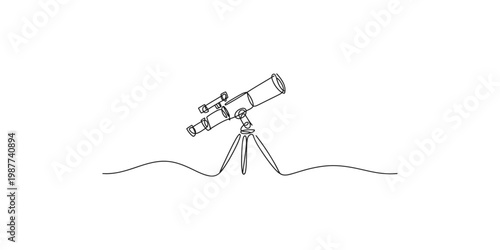 A line drawing of a telescope on a tripod overlooking the horizon at night